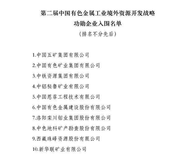 控股集团公司中国有色集团荣膺有色金属工业境外资源开发战略功勋企业称号